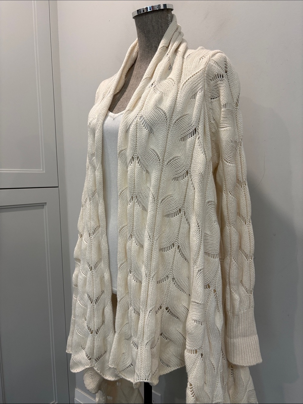 Monari Cream Merino Wool Cashmere Cable Knit Draped Cardigan L/XL Italy - Picture 3 of 15